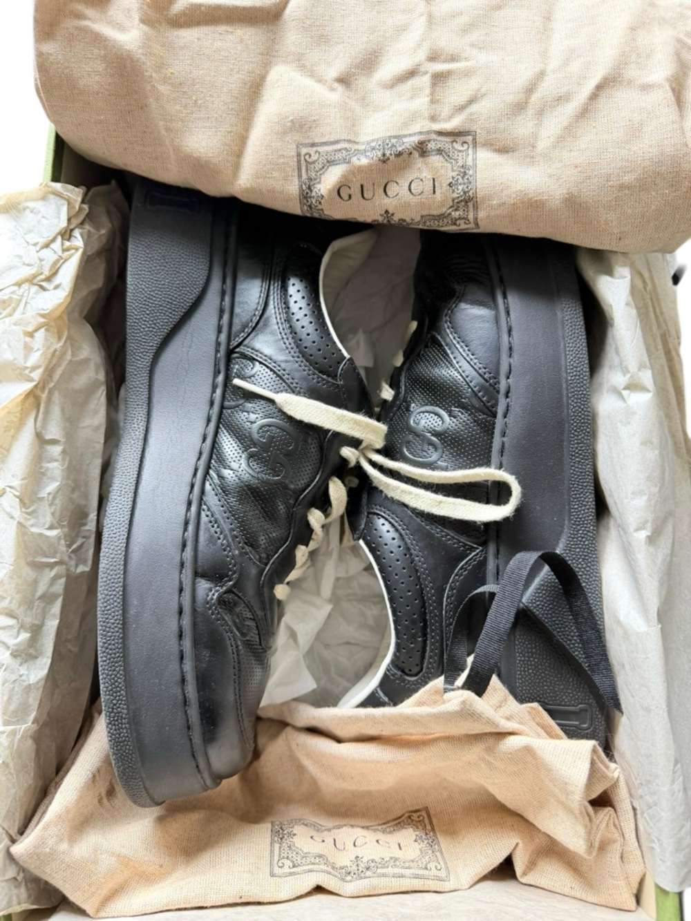 Gucci Embossed  Black Leather Chunky Sneakers with Cream Laces - Picture 7 of 9